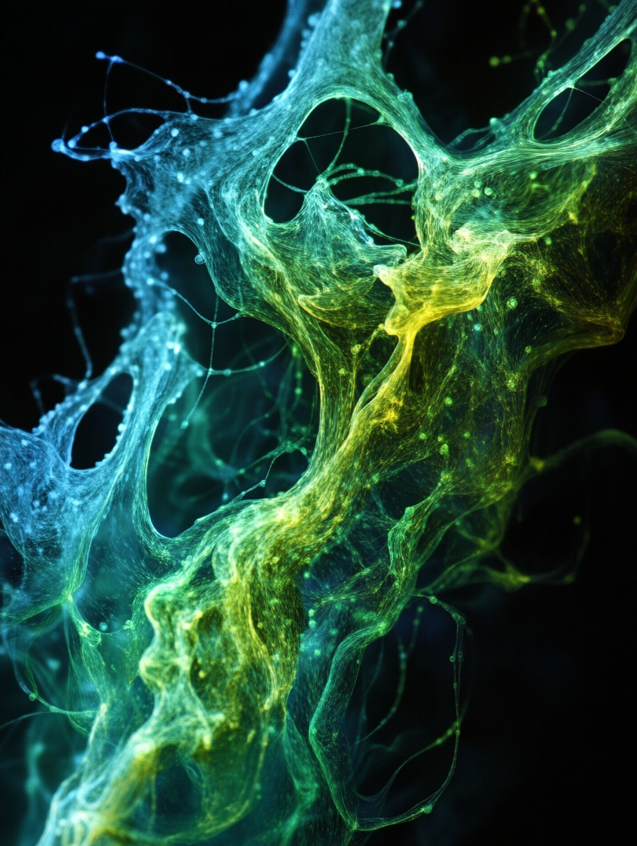 Bioluminescent neural network structure with organic tendrils flowing from teal through green to chartreuse against a dark background